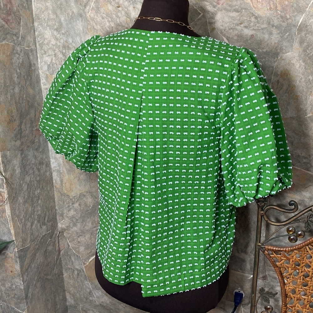 Kate Spade textured puff sleeve shirt top blouse tunic puff sleeves bow pleated - Picture 9 of 11